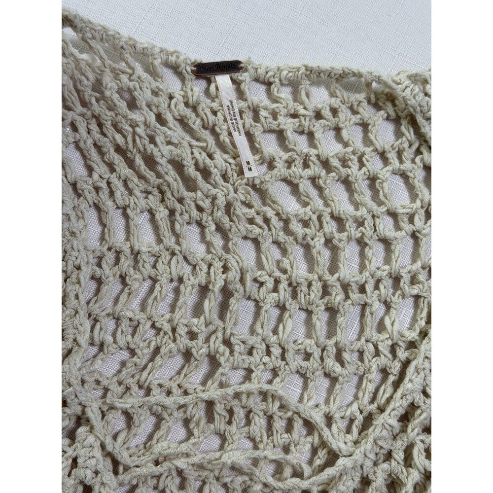 Free People Cream Open-Knit Crochet Lace-Up Front Flared Boho Fairy Grunge Top M - Picture 4 of 7